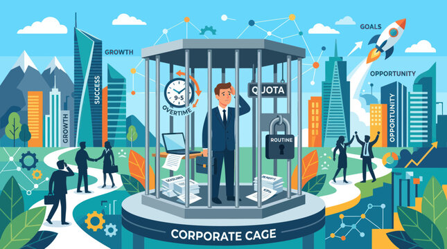Businessman trapped in corporate cage office.