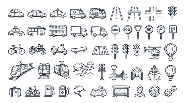 Various Transportation Icons Line Style.