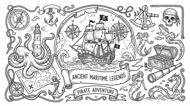 Pirate ship sailing on waves.