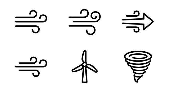 Wind Icons Set, Weather Symbols, Air Flow, Windmill, Tornado, Meteorology Vector Graphics