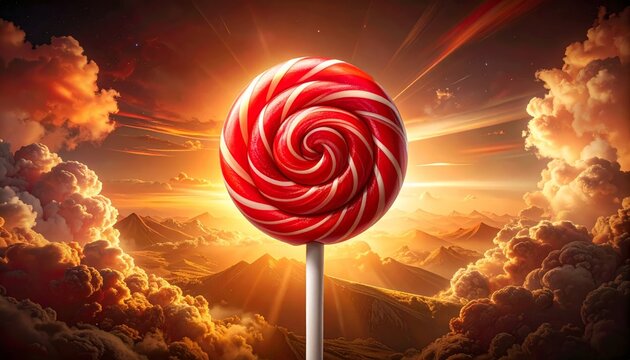 Whimsical Lollipop Dreamscape - A Sweet Treat Amidst Golden Clouds.