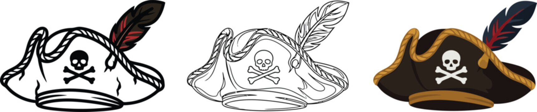 Set of Pirate Hats with Skull and Crossbones Jolly Roger