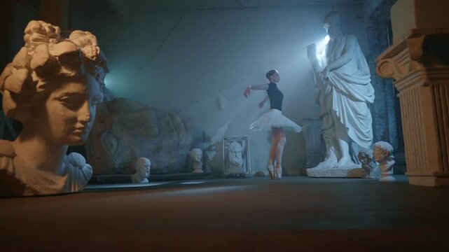 Professional ballerina dancing alone in dark rehearsal class or theatre stage. Beautiful dance performance of talented female dancer, enjoy classical music and choreography in museum hall with statues