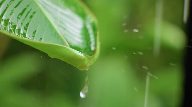 Slow motion close up of raindrops falling on a vibrant green banana leaf in a tropical garden. Water droplets stream down glossy surface with a soft bokeh background creating a serene natural scene.