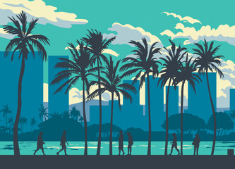 Fototapeta premium WPA poster art of Ala Wai Canal with cityscape along Ala Wai Boulevard in the Waikiki tourist district in Honolulu, Hawaii in done in works project administration style or federal art project style. 