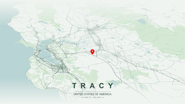 Modern minimalist vector map of Tracy, California, USA. High-quality scalable illustration of Tracy San Joaquin Valley downtown city grid, Interstate 205, Interstate 580 for posters design.