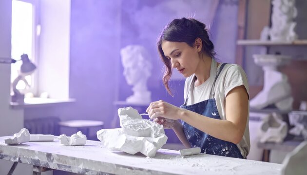 Young Woman Artist Sculpting a Statue in a Bright Studio.