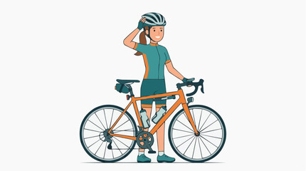 Fototapeta premium Woman Cyclist Ready for Adventure: A young woman in cycling gear adjusts her helmet, standing confidently beside her road bike, poised for an exciting ride.