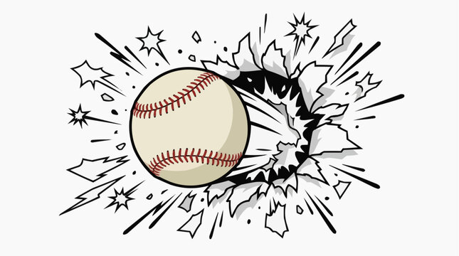 Baseball Blast: A dynamic illustration depicts a baseball bursting through a wall, creating a dramatic explosion of fragments and starbursts, symbolizing power and impact.