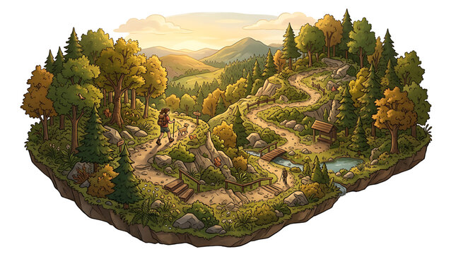 A serene cartoon landscape with a winding path through trees and a bridge over a stream in a forest with mountains in the background