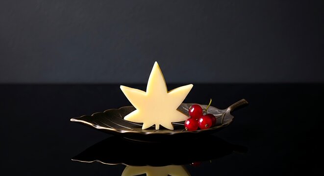 Japanese aesthetic. a single slice of semi hard cheese cut into the shape of a Japanese maple leaf, placed on a small dark bronze leaf shaped dish 