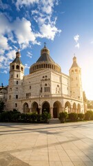 Obraz premium Magnificent basilica in Nazareth bathed in sunlight against a vibrant blue sky with clouds