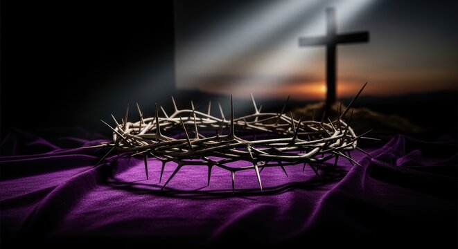 Dramatic lighting on crown of thorns and cross symbolizing sacrifice and faith