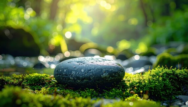 Zen Stone in Lush Green Moss with Morning Sunlight.
