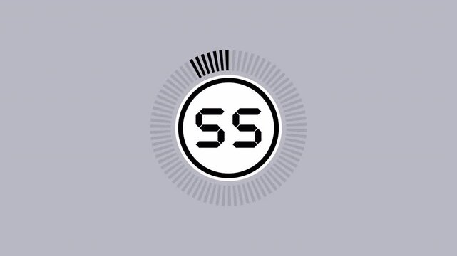 Simple 60 second countdown timer animation with digital numeric display and circular progress bar for video overlays and motion graphics projects
