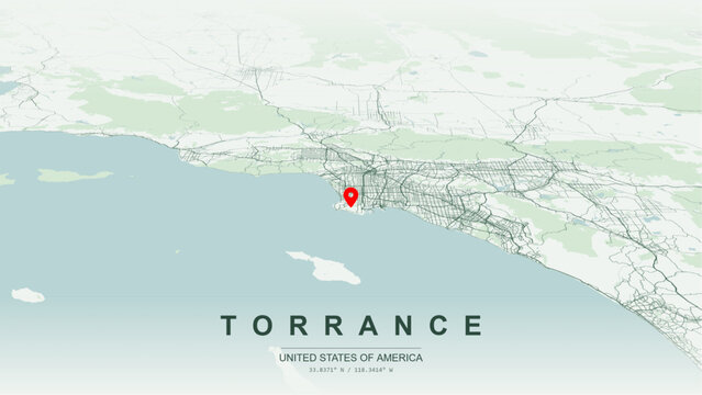 Modern minimalist vector map of Torrance, California, USA. High-quality scalable illustration of Torrance South Bay city grid, Interstate 405 San Diego Freeway for posters design.