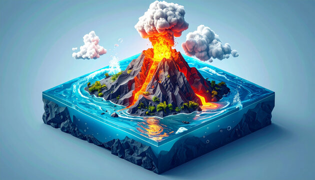 Exploding Volcano Island Erupting Lava into Ocean, Dramatic Nature Power