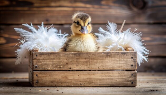 Adorable Duckling in a Wooden Box with Feather Accents.