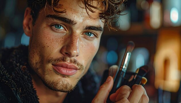 Professional male model holding makeup brushes, looking directly into the camera