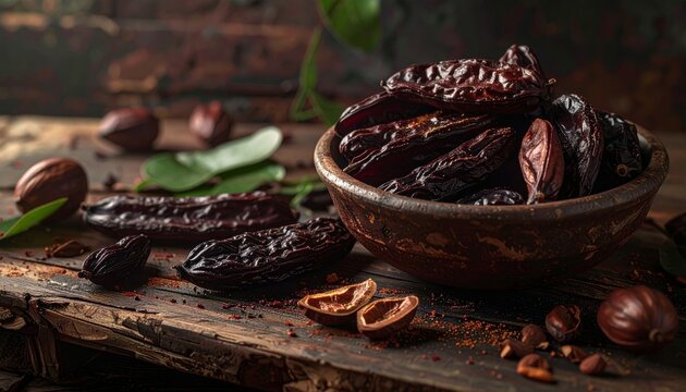 Rustic Still Life - Dates in Bowl on Wooden Table.
