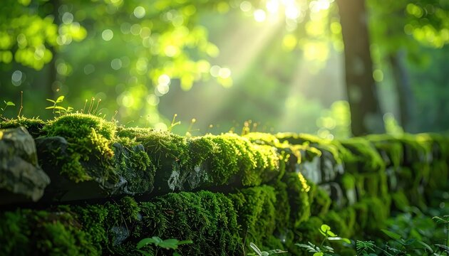 Sunlight filtering through lush green forest canopy onto moss-covered stone wall.