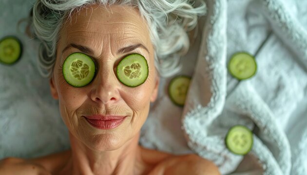 Mature Woman Enjoying a Relaxing Spa Treatment with Cucumber Slices on Eyes.