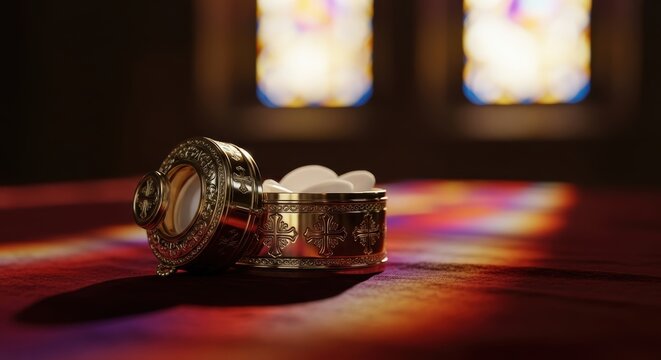 Golden vessel containing communion wafers symbolizing religious rituals and faith