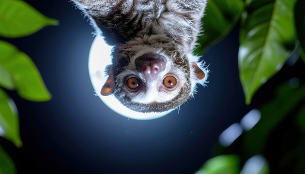 Nocturnal primate upside down with glowing eyes amid foliage and moonlight, a curious and engaging animal portrait