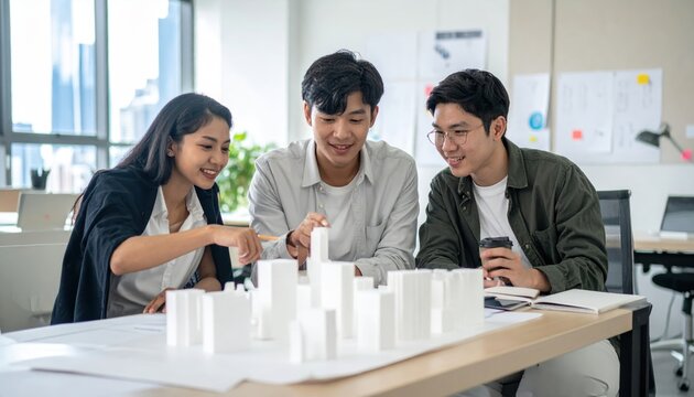 Three young architects collaborating on a building model in a modern office setting.