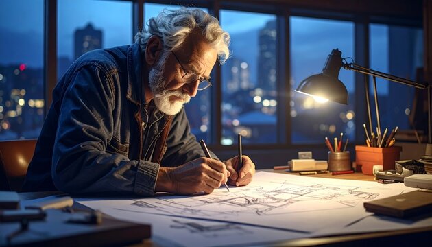 Dedicated senior architect meticulously drafts blueprints in his cozy office studio