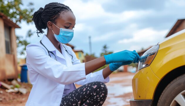 Healthcare worker cleaning a car headlight during a pandemic.