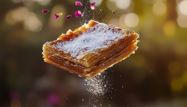 Delicious puff pastry with powdered sugar and flower petals.