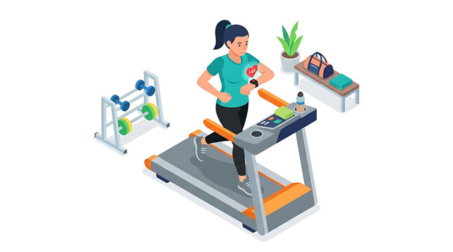 Woman running on treadmill in gym with exercise equipment around her