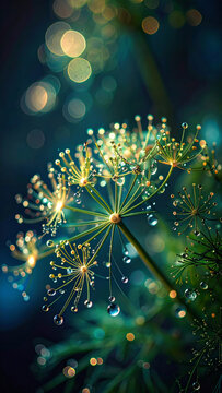 Captivating Dill Plant Seed Head with Dewdrops and Bokeh in a Stunning Image