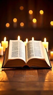 An Open Bible Surrounded by Candles Creating a Serene and Spiritual Atmosphere