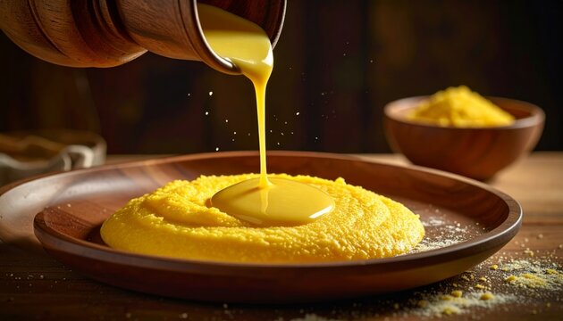 Polenta dish being drizzled with sauce in rustic setting.