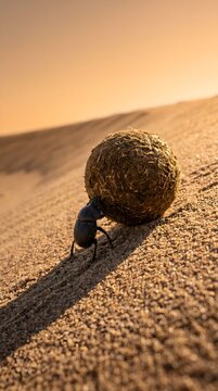 Dung Beetle Sisyphus Pushing a Giant Ball Uphill


