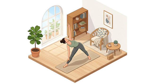 Woman practicing triangle pose on yoga mat in living room with plants and furniture