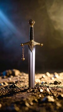 Epic sword embedded in the ground with dramatic lighting and historical aesthetic