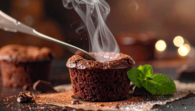 Decadent Chocolate Lava Cake with Mint Garnish and Steam.
