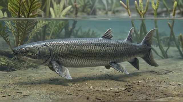 Eusthenopteron, Eusthenopteron foordi, Devonian, accurate scientific representation of lobe-finned fish swimming near riverbed
