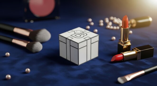 Elegant beauty: A luxurious composition with cosmetics and delicate pearls on blue cloth