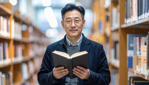 Mature Asian Man Reading Book in Library Surrounded by Bookshelves.