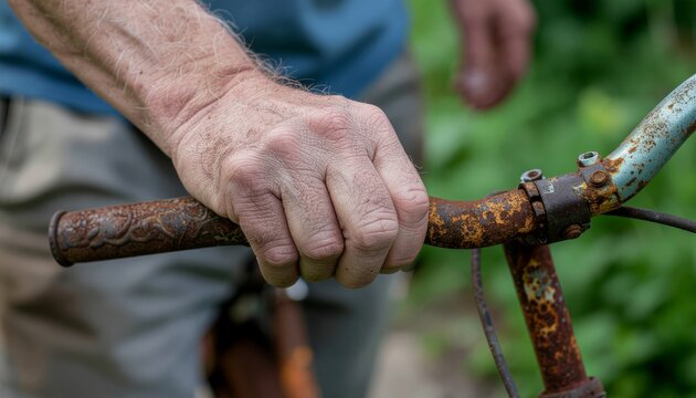 Close-up of a mans hand gripping rusty bicycle handlebars.