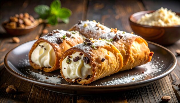 Delicious Cannoli with Cream Filling and Chocolate Chips.