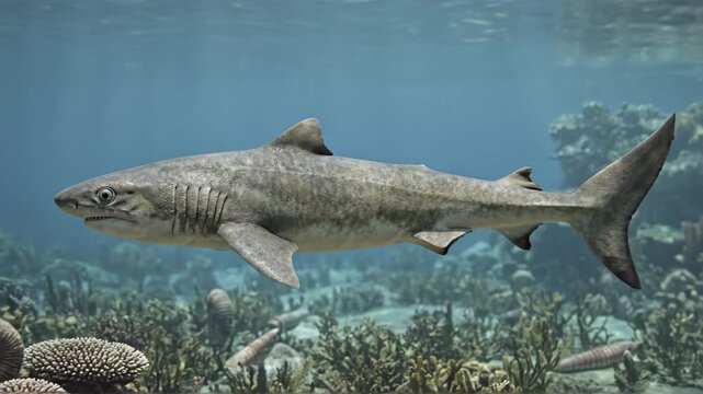 Hybodus, Hybodus hauffianus, Jurassic, accurate scientific representation of primitive shark swimming over coral reef with ammonites