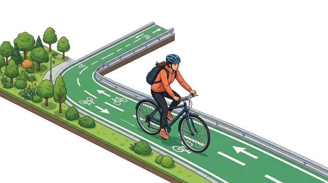 Woman riding bicycle on green bike lane with trees and bushes on side