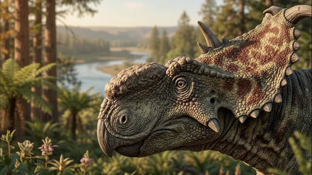 Pachyrhinosaurus, Pachyrhinosaurus canadensis ceratopsid Cretaceous dinosaur with nasal boss near river, scientific reconstruction