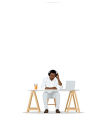 Fototapeta premium Man putting on headphones at a desk with laptop, focused on remote work and study