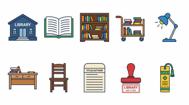 Colorful flat design icons for library and education.
